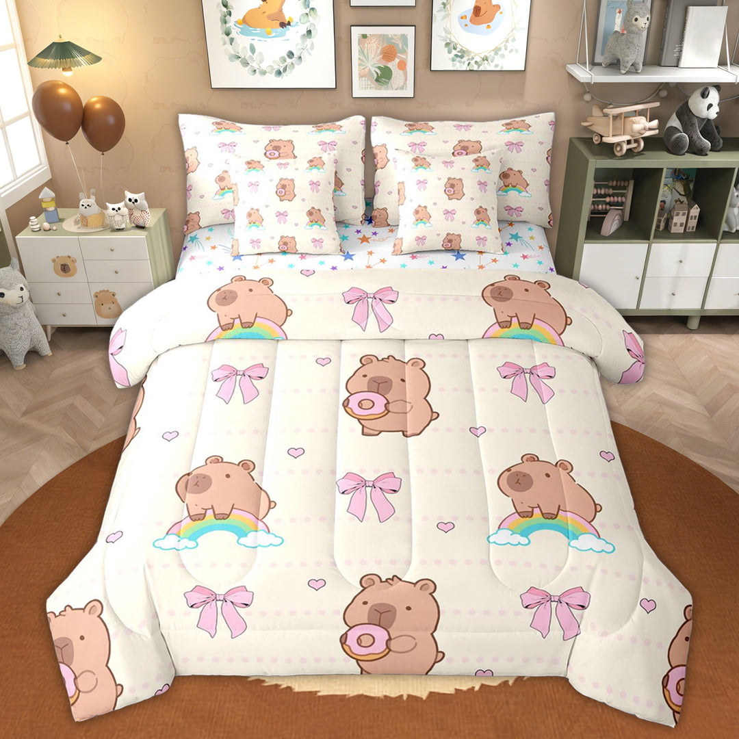 Erosebridal Bowknot Capybara Kids Twin Bedding Sets, Cartoon Animals Bedding Comforter Set, 7pcs