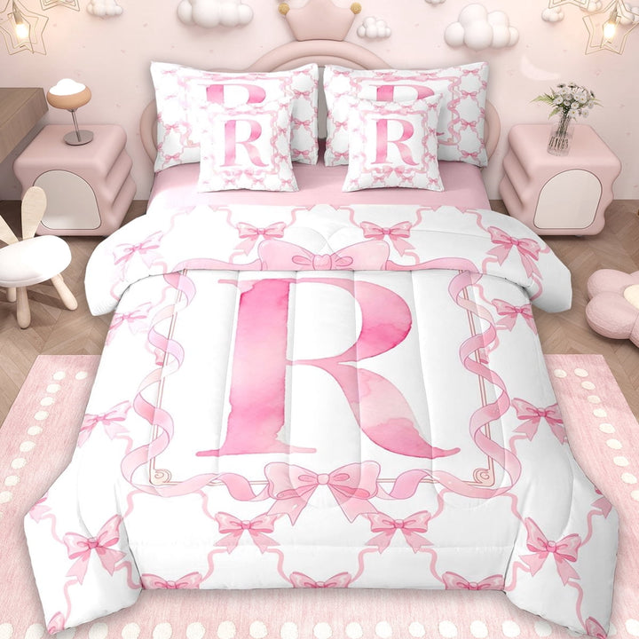 Erosebridal Girls Bowknot Personalized 7-Piece Twin Bedding Sets,Pink Alphabet R Print Bedding Comforter Set For Kids,Reversible pink