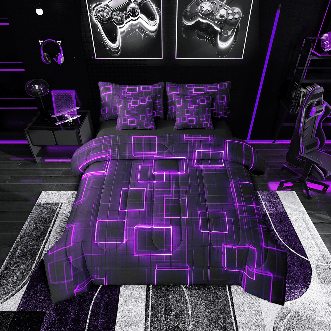 Geometry Bedding Set Twin Size,Purple Black Geometrical Comforter 7 Pieces Adults,Neon Lights Sheet Set Modern Gradient Cubes Abstract Fitted Sheet