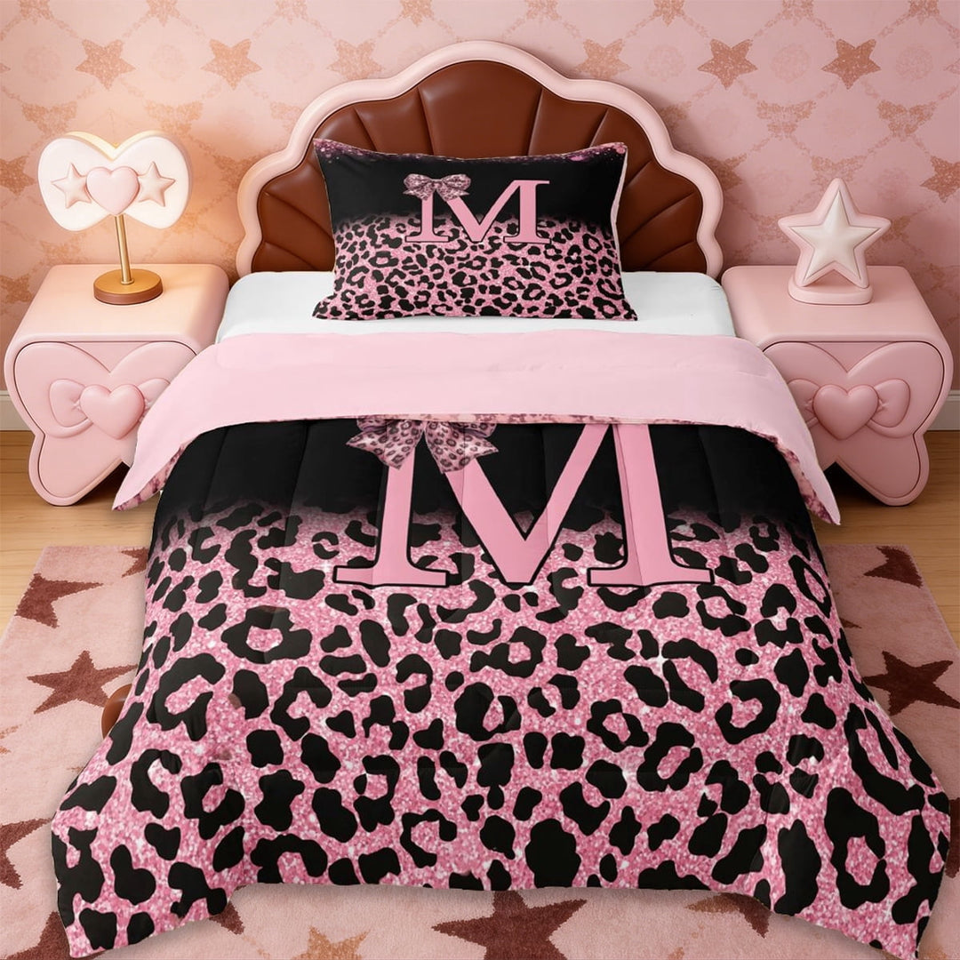 Erosebridal Fashion Africa Leopard Pattern Twin Comforter Sets,Pink Initial Letter M Bedding Set For Women,Reversible pink,2 Pieces