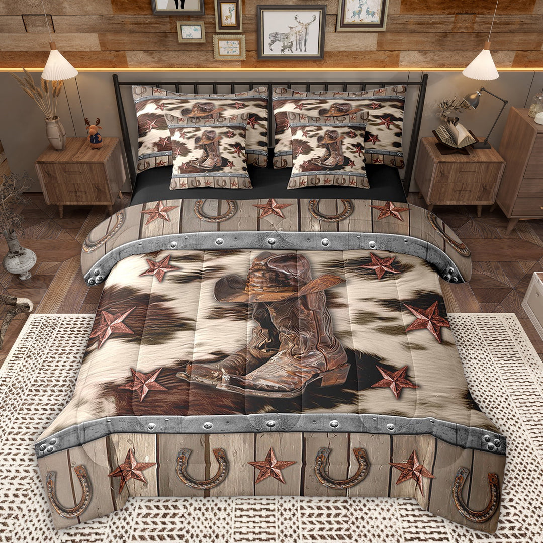 Manfei Western Boot Bedding Sets Twin Size, Texas Stars Bed in a Bag Twin size, Farmhouse Cow Print Reversible Comforter Sets with Sheets, Lightweight Bedroom Decor, 7-Piece