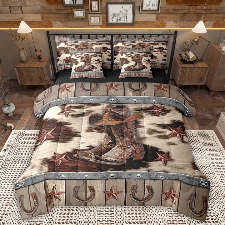 Manfei Western Boot Bedding Sets Twin Size, Texas Stars Bed in a Bag Twin size, Farmhouse Cow Print Reversible Comforter Sets with Sheets, Lightweight Bedroom Decor, 7-Piece