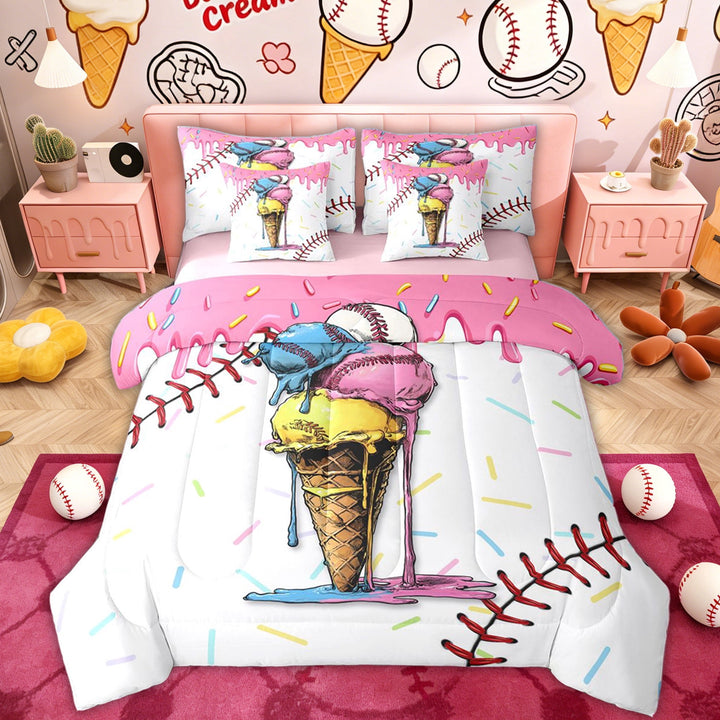 Erosebridal Ice Cream Baseball Twin Bedding Sets for Kids, Pink Cartoon Theme Bedding Comforter Set, 7pcs