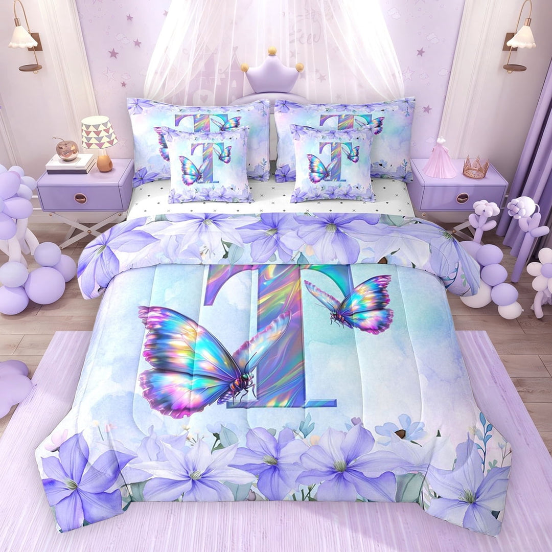 Erosebridal Purple Butterfly Twin Bedding Sets for Girls, Garden Flower Floral Bedding Comforter Set, Monogrammed T, Reversible, 7pcs