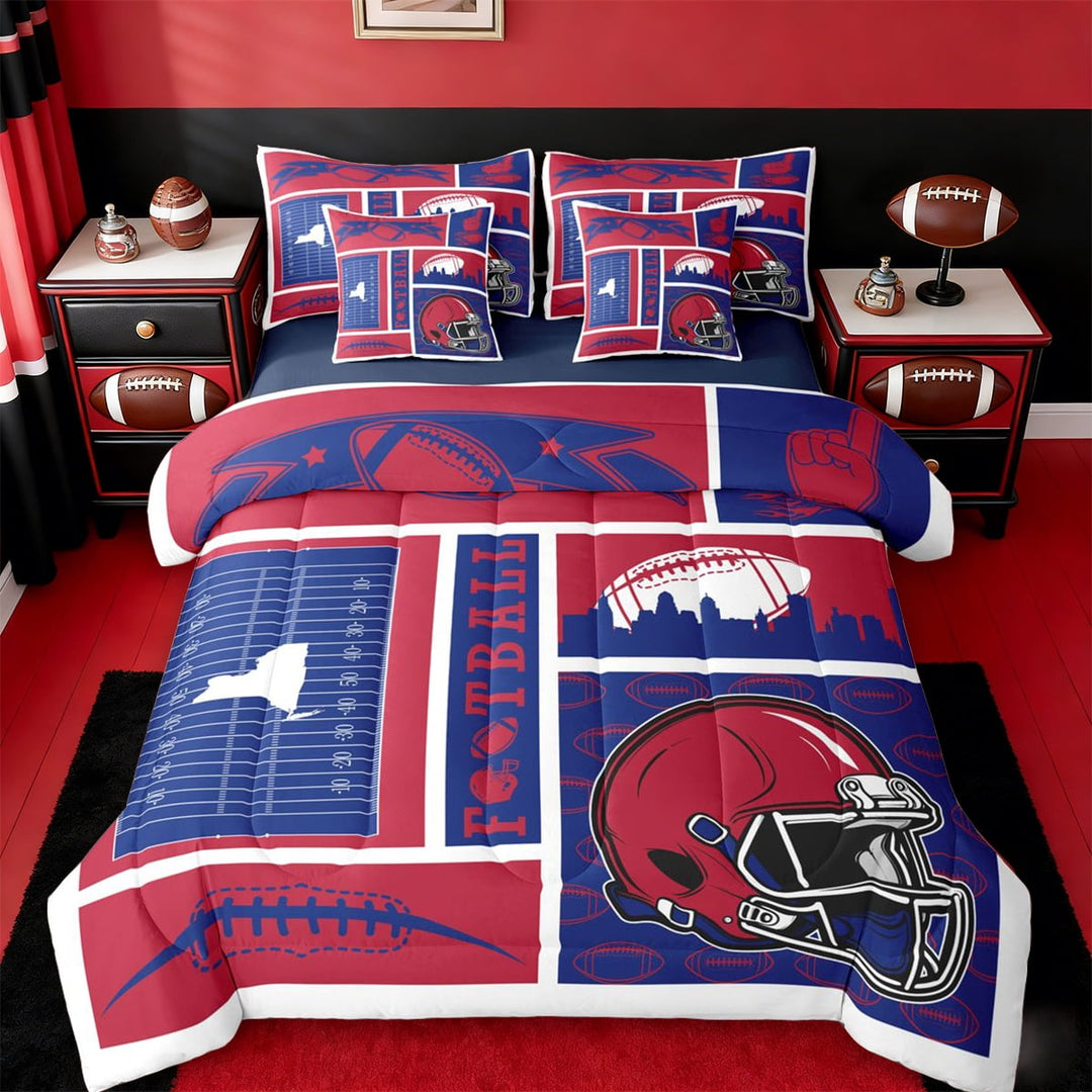 jejeloiu Football Sport City 7-Piece Twin Bedding Sets,Red Blue Bedding Comforter Set For Teens Reversible