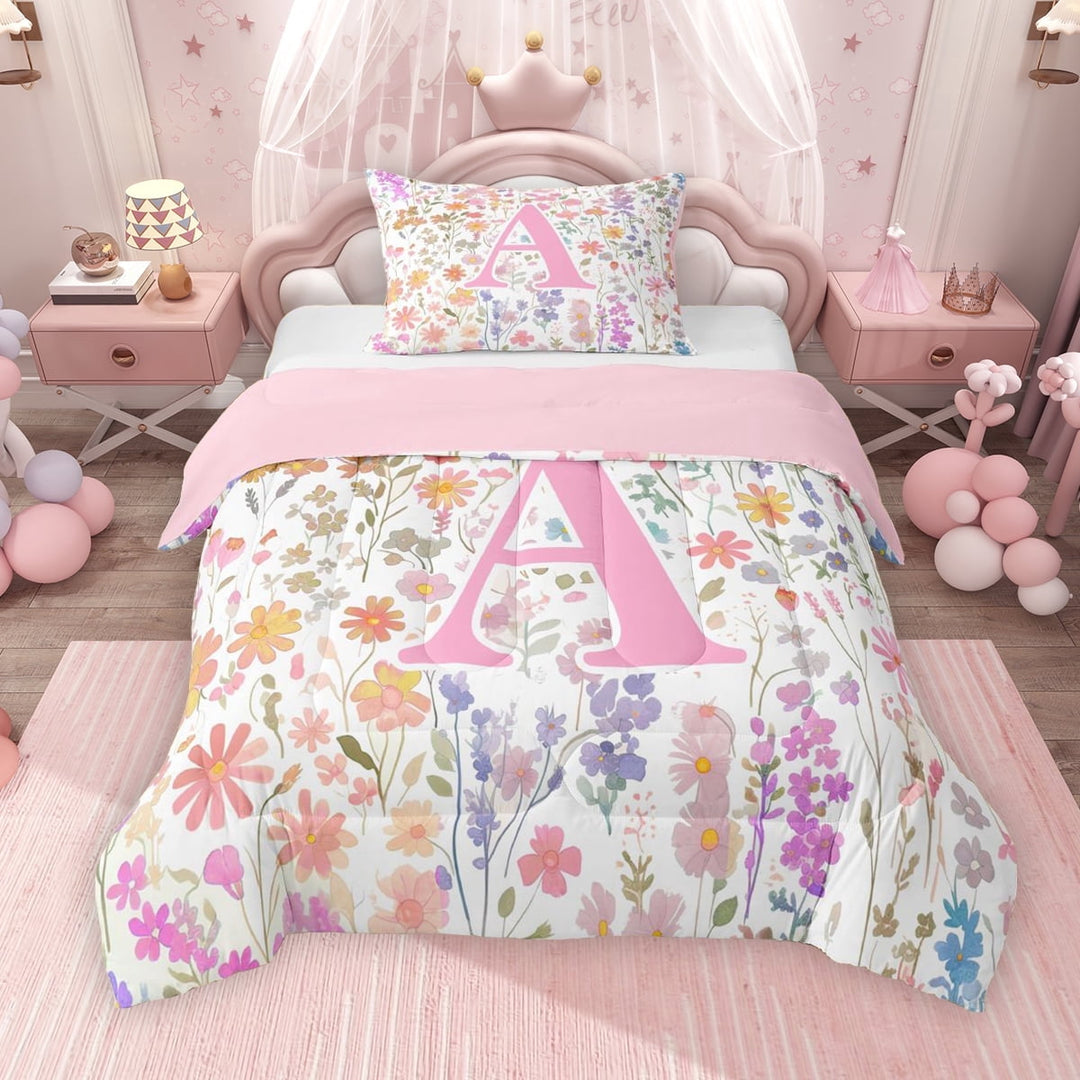 Erosebridal Girls Pink Flower Twin Comforter Sets, Garden Floral Bedding Set, Personalized Initial A, Pink Reversible, 1 Comforter and 1 Pillowcase