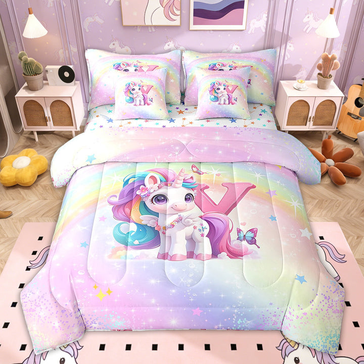 Erosebridal Initial Y Letter Bedding Twin Size for Kids Girls, Dreamy Rainbow Unicorn Bedding Sets Twin Size, Colorful Stars Reversible 7 Pieces