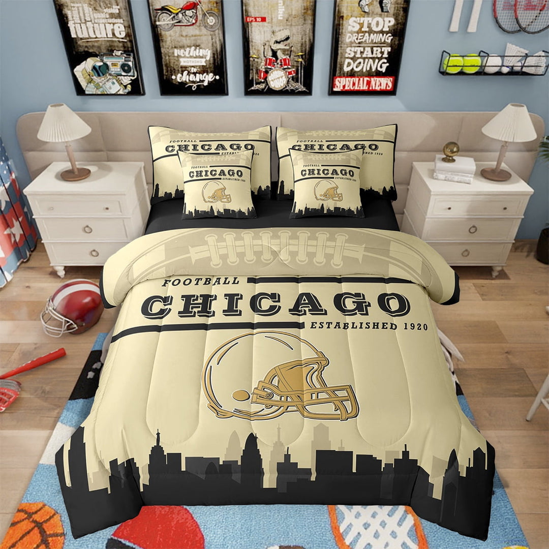 Football Bed in a Bag Twin 7 Piece,Sports Bedding Sets,American Football Fans Bed Set Rugby Player Beige Black Comforter Set with Sheets Football Lovers Sheets (Chicago)