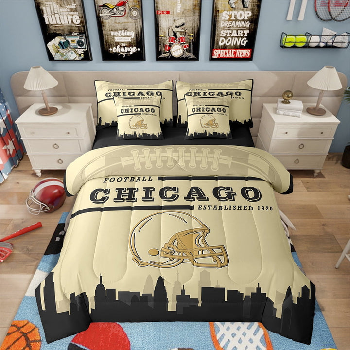 Football Bed in a Bag Twin 7 Piece,Sports Bedding Sets,American Football Fans Bed Set Rugby Player Beige Black Comforter Set with Sheets Football Lovers Sheets (Chicago)