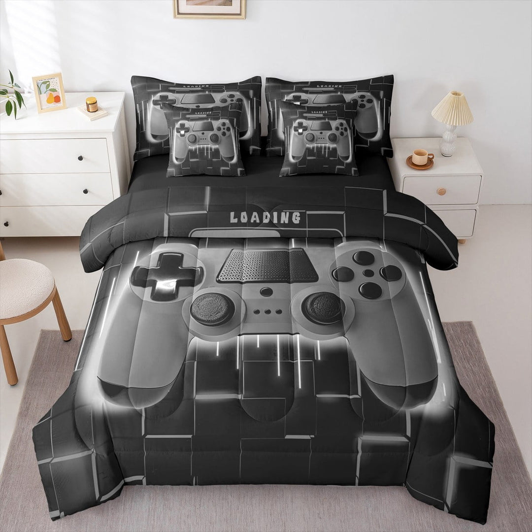 Grey Gaming Comforter Set 7 Piece Bed in a Bag Twin,Gamer Bedding Sets Neon Lights Abstract Geometry Sheet Set with Comforter Gamer Room Decor for Boys