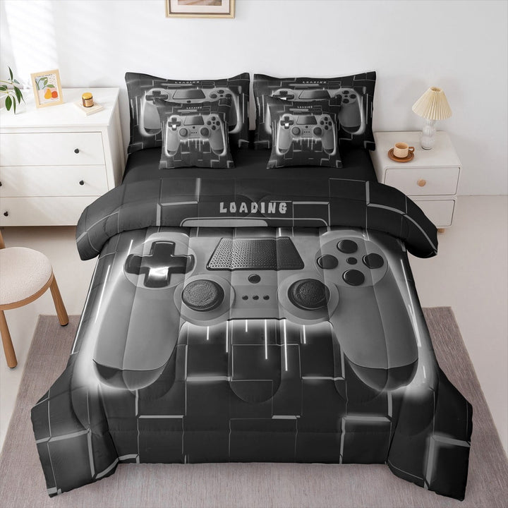 Grey Gaming Comforter Set 7 Piece Bed in a Bag Twin,Gamer Bedding Sets Neon Lights Abstract Geometry Sheet Set with Comforter Gamer Room Decor for Boys