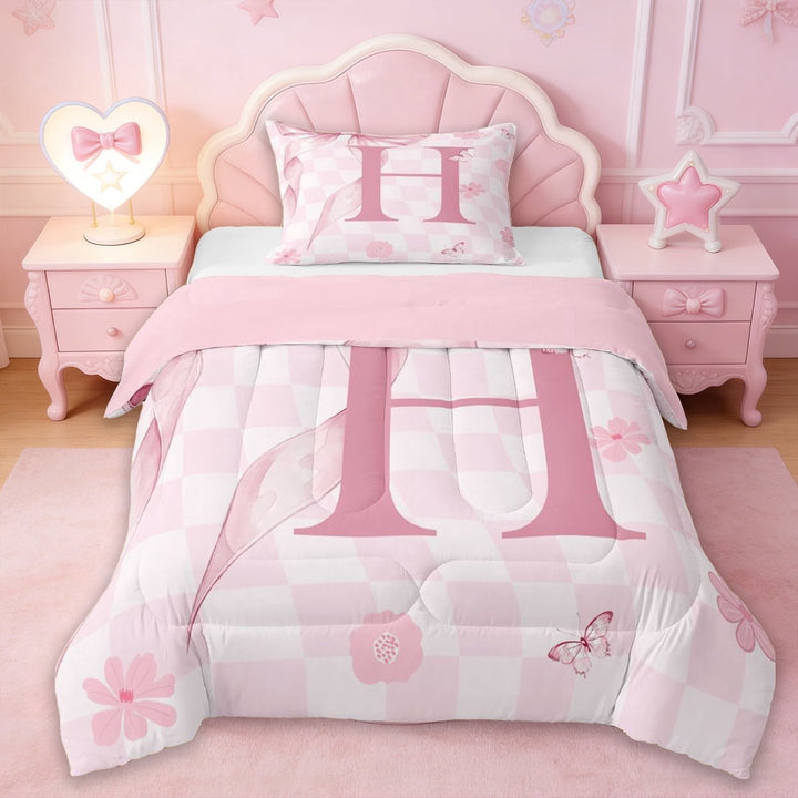 Erosebridal Letter H Monogrammed Twin Comforter Sets,Modern Geometric Pattern Bedding Set For Kids Girls,Reversible pink,2-Piece