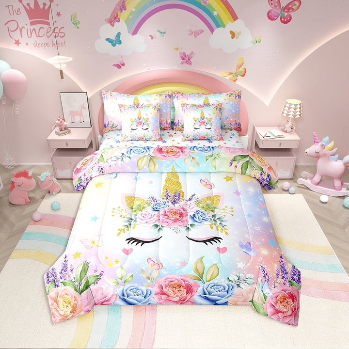 Erosebridal Dreamy Unicorn Bedding Twin Size, Glitter Galaxy Bedding Sets Twin Size, Rose Flower Decor, Reversible 7pcs