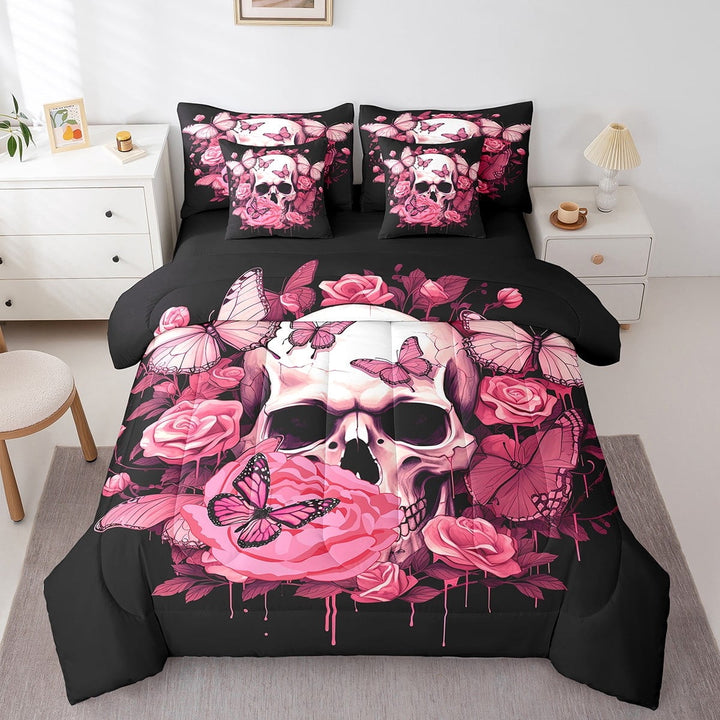 7 Piece Rose Skull Comforter Set King Size,Gothic Bed In A Bag Women,Rose Butterfly Bedding Set Goth Skull Bed Sheets With Comforter