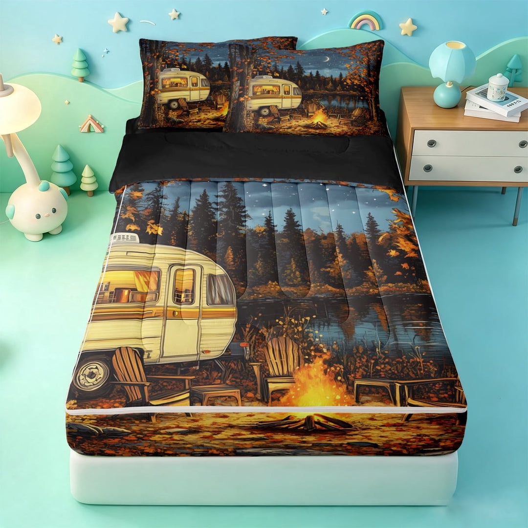 meiyoeat Outdoor Camping Adventure Zipper Twin Comforter Sets with Fitted Sheet and 2 Pillowcases,Rustic Autumn Maples Zipper Bedding Set For Boys,Multicolor,Black Reversible,4pcs
