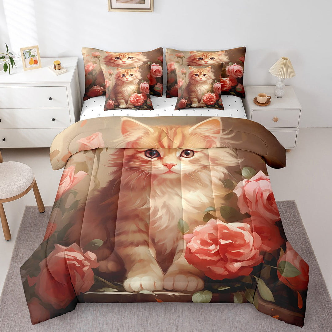 Cat Comforter Set 7 Piece Bed in a Bag Twin,Pink Rose Bedding Sets Romantic Flowers Fitted Sheet,Cute Pet Animal Kitten Sheet Set with Comforter