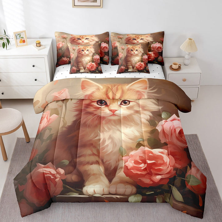 Cat Comforter Set 7 Piece Bed in a Bag Twin,Pink Rose Bedding Sets Romantic Flowers Fitted Sheet,Cute Pet Animal Kitten Sheet Set with Comforter