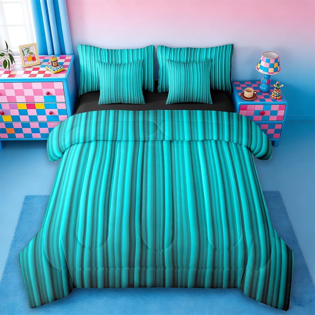 Erosebridal 3D Abstract Art Bed in a Bag Twin Size,Geometric Stripes Bed Set,Cyan Contemporary Geometry Bedding Twin Size,Lightweight Bedroom Decorative Reversible,7 Pieces