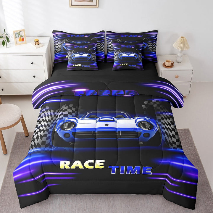 Erosebridal Racing Car Bedding Sets Twin Size,Geometric Plaid Comforter Sets with Sheets,Black Blue Bed in a Bag Twin size,Super Cozy Sport Bedroom Decorative,Reversible,7pcs