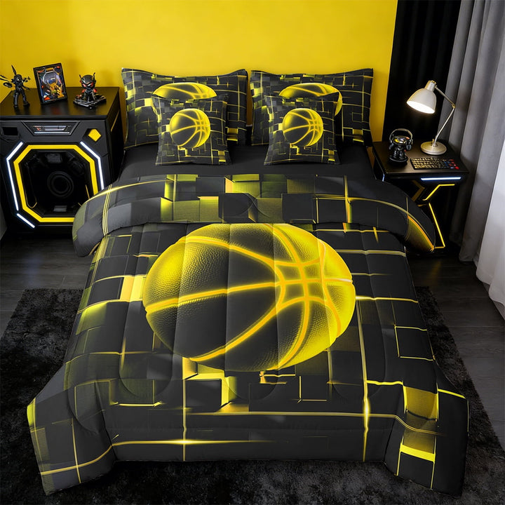 Erosebridal Geometric Geometry Checkered Bed in a Bag Twin Size,Basketball Game Bed Set,Black Yellow Bedding Twin Size For Youth,Super Cozy Room Decoration Reversible,7 Pieces