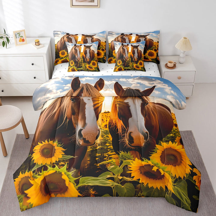 Horse Twin 7 Pieces Bed In A Bag , Yellow Sunflower Comforter + Wildlife Farm Animal Fitted Sheet + Floral Rustic Farmhouse Flat Sheet + 2 Pillow Cases + 2 Throw Pillow Covers