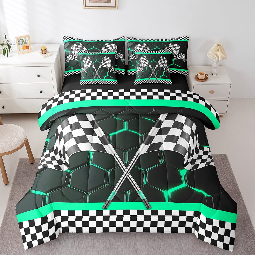 Erosebridal Teens Race Car Bedding Sets Twin Size, Speed Sports Comforter Sets with Sheets, Rectangle Geometry Decor, Reversible