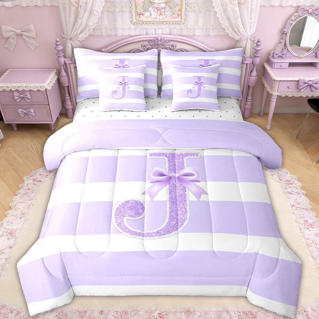 Erosebridal Glitter Print Bow Letter J Twin Bedding Sets for Girls, Purple Stripes Ribbon Bedding Comforter Set, Reversible, 7-Piece