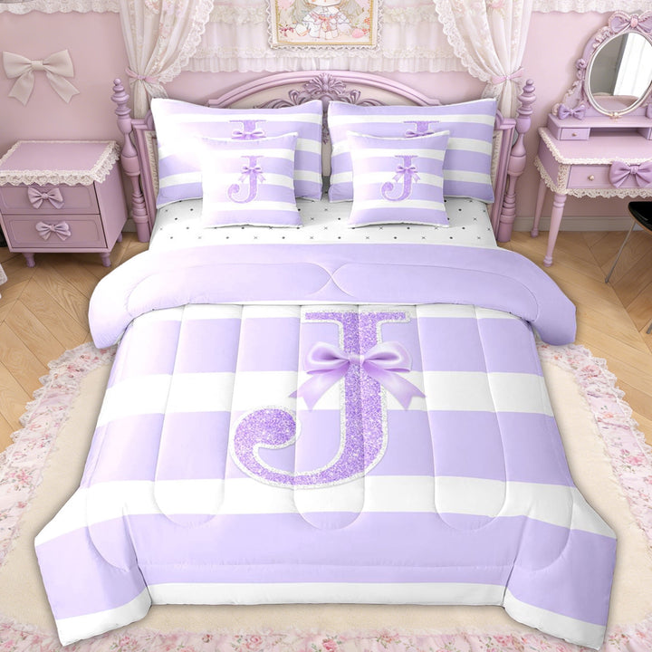 Erosebridal Glitter Print Bow Letter J Twin Bedding Sets for Girls, Purple Stripes Ribbon Bedding Comforter Set, Reversible, 7-Piece
