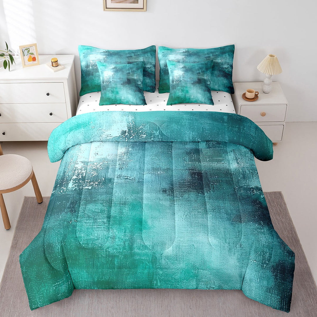 Modern Graffiti Bed in a Bag 7-Piece Abstract Turqoise Teal Watercolor Bedding Comforter Sets, Retro Tie Dye Oil Painting Bedding Twin Size with Fitted Sheet and Flat Sheet