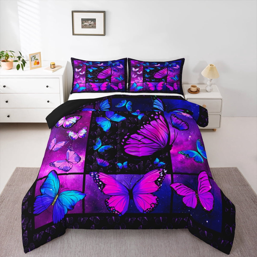 Erosebridal Butterfly Comforter Set Starry Sky Galaxy Comforter Blue Purple Butterfly Bedding Sets Full Teens Women Bed,Aesthetics Butterflies Quilt Duvet Set 2 Pillow Cases Room Decor