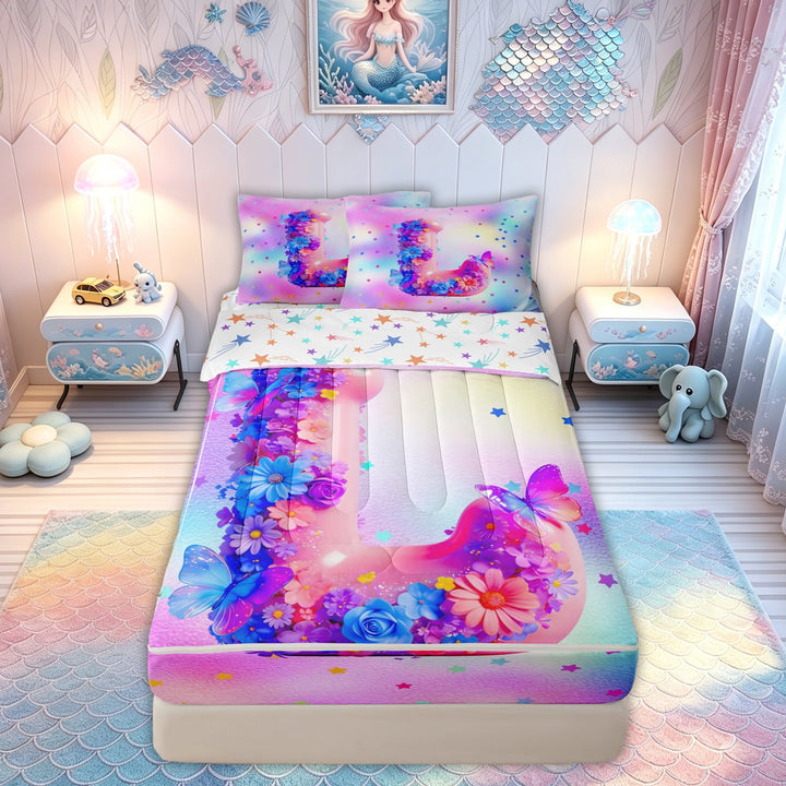 meiyoeat Flower Butterfly L Initial Rainbow Zipper Comforter Set with Fitted Sheet and 2 Pillowcases, Watercolor Galaxy Stars Zipper Bedding Set for Girls, Colorful Star Reversible, 3 Pieces