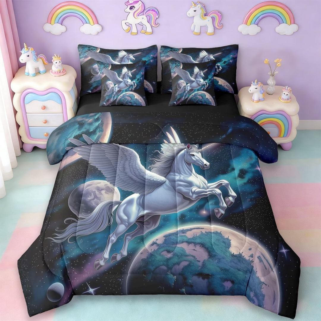 Erosebridal Girls Unicorn 7pcs Bedding Comforter Set,Outer Space Planet Galaxy Aurora Queen Bedding Sets For Kids,Reversible Black