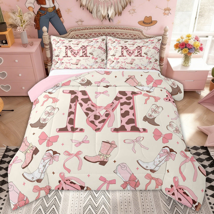 Erosebridal Pink Beige Bowknot Letter M Full Size Comforter Sets, Western Cowgirl Boot Bedding Sets for Girls, Pink Reversible, 3 Pieces