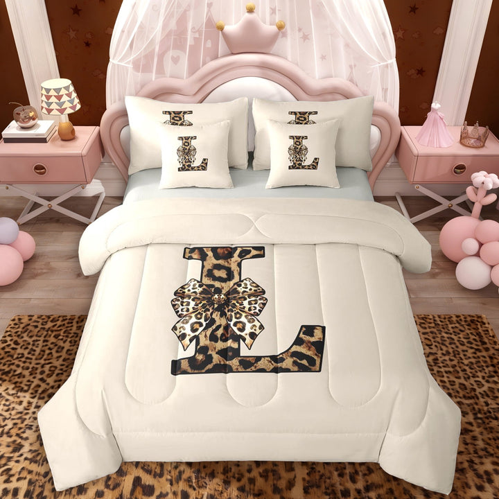 Erosebridal L Letter Monogrammed Twin Bedding Sets 7-Piece For Teens Adults,Girls Boys Vintage Cheetah Print Bow Bedding Comforter Set,Grey Reversible