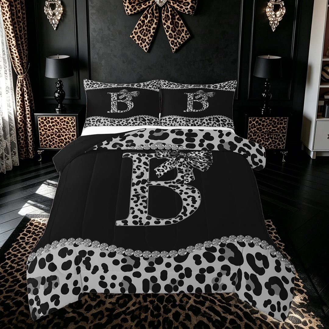 Meiyoeat Bow Cheetah B King Size Comforter Sets for Women Girls, Fashion Cheetah Print Ribbon Bedding Sets, Black Reversible, 3-Piece