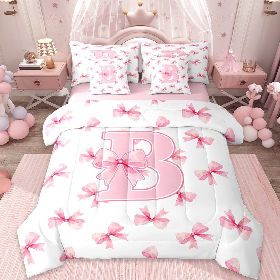 Erosebridal Aesthetic Coquette Bowknot 7-Piece Twin Bedding Sets,Letter B Monogrammed Bedding Comforter Set For Girls Kids,Reversible