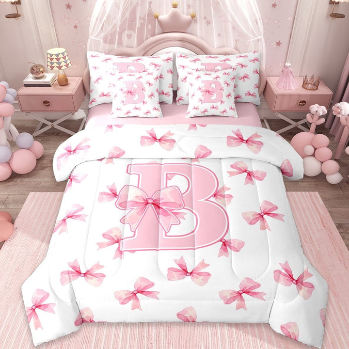 Erosebridal Aesthetic Coquette Bowknot 7-Piece Twin Bedding Sets,Letter B Monogrammed Bedding Comforter Set For Girls Kids,Reversible