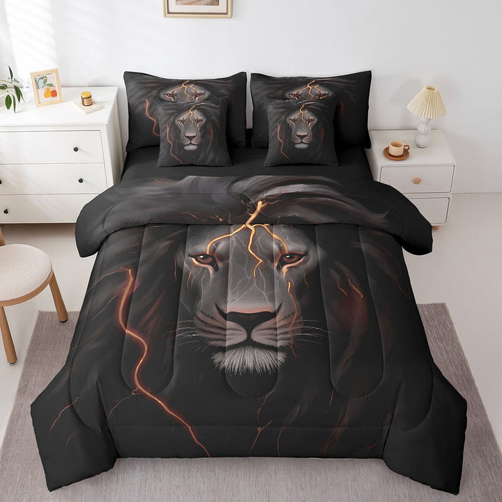 Safari Lion Full Bed In A Bag 7 Piece Lightning Lion Bedding Set Adults Men Brown Black Grey Wildlife Comforter Set With Sheets Safari Animal Bed Set Room Decor