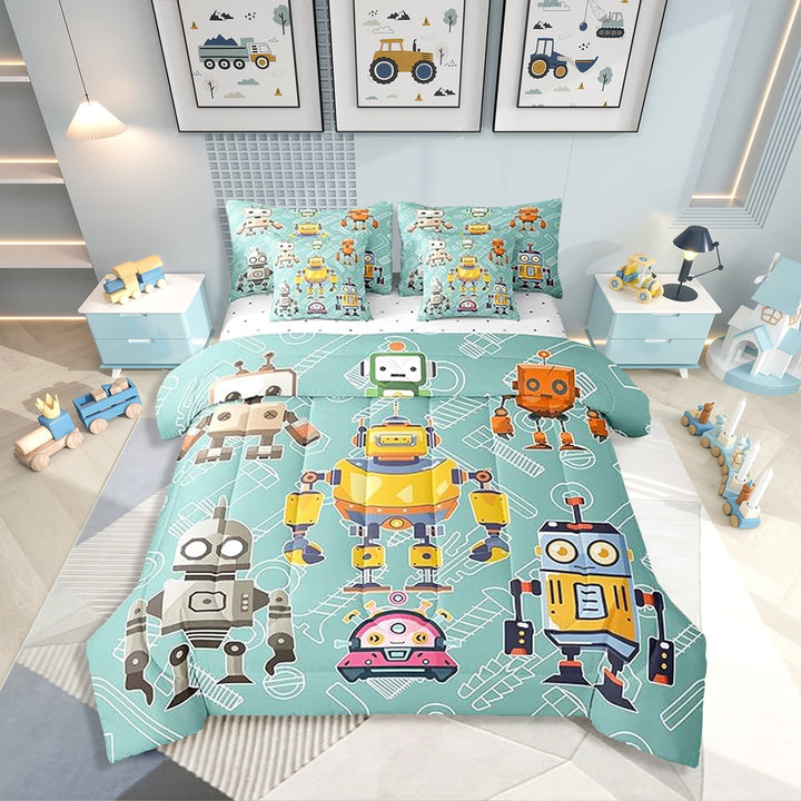 Cartoon Robot Comforter Set Full Size 7 Pcs,Colorful Intelligent Machine Graffiti Bedding Set,Cute Equipment Green(Comforter+Fitted+Flat Sheet+2 Pillowcases+2 Throw Pillow Covers)