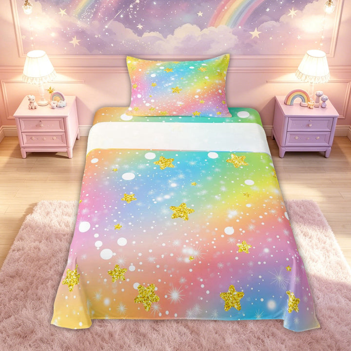 meiyoeat Whimsical Star Bed Sheets for Kids, Rainbow Sky Full Size Sheets for Bedroom, Orange Yellow, 4 Pieces