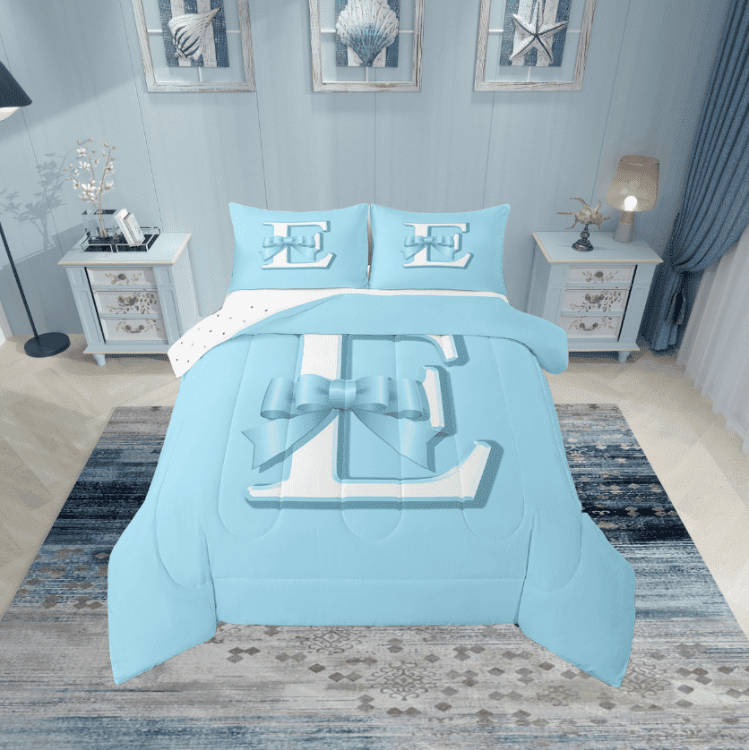 Erosebridal Blue Bowknot Bedding Twin Comforter Set, Initial Letter E Down Comforter, Cartoon Monogrammed Reversible Comforters &amp; Duvets, Breathable Bedroom Decorative, 2pcs