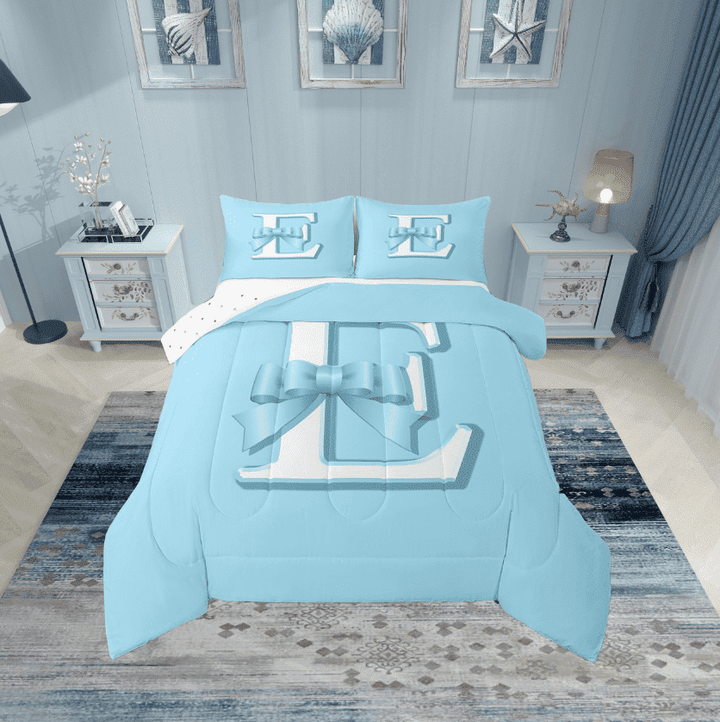 Erosebridal Blue Bowknot Bedding Twin Comforter Set, Initial Letter E Down Comforter, Cartoon Monogrammed Reversible Comforters &amp; Duvets, Breathable Bedroom Decorative, 2pcs