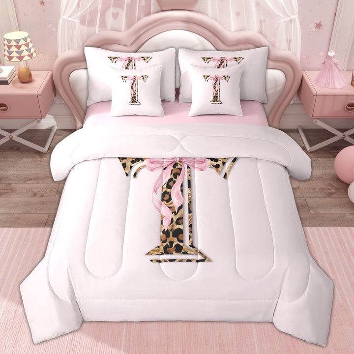 Erosebridal Girly Pink Bow Letter T Twin Bedding Sets, Kids Brown Leopard Print Bedding Comforter Set, 7pcs