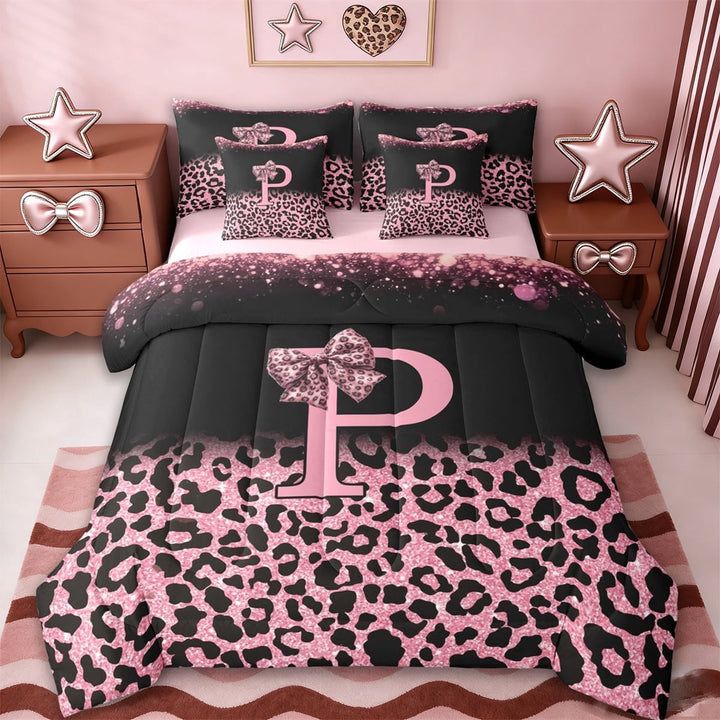 Erosebridal Girls Pink Leopard Print 7-Piece Twin Bedding Sets,Cute Bows Initial Letter P Bedding Comforter Set For Girls Women,Reversible pink