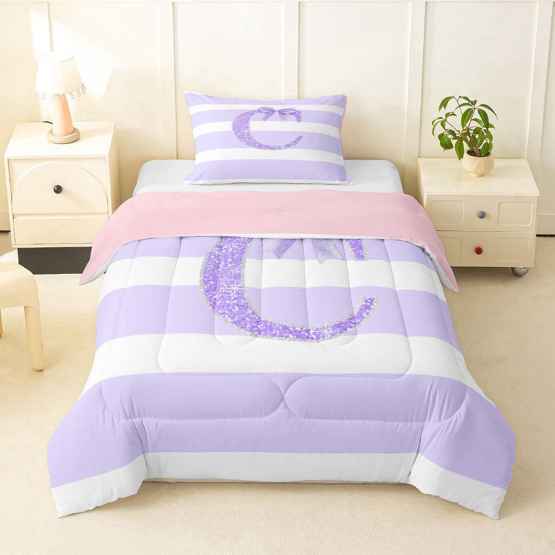 Erosebridal Teens Ribbon Bow Knot Geometric Stripes Twin Comforter Sets 3-Piece,Bling Glitter Print C Personalized Initial Bedding Set For Children Boys Girls,Pink Reversible