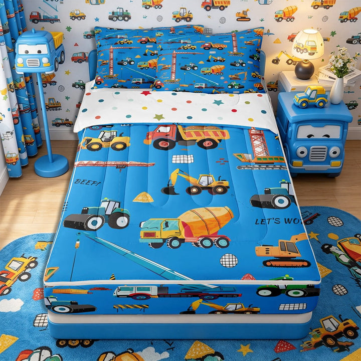 Meiyoeat Cute Car Zipper Full Size Comforter Sets with Fitted Sheet and 2 Pillowcases, Construction Vehicles Zipper Bedding Set, Blue Multi,4pcs