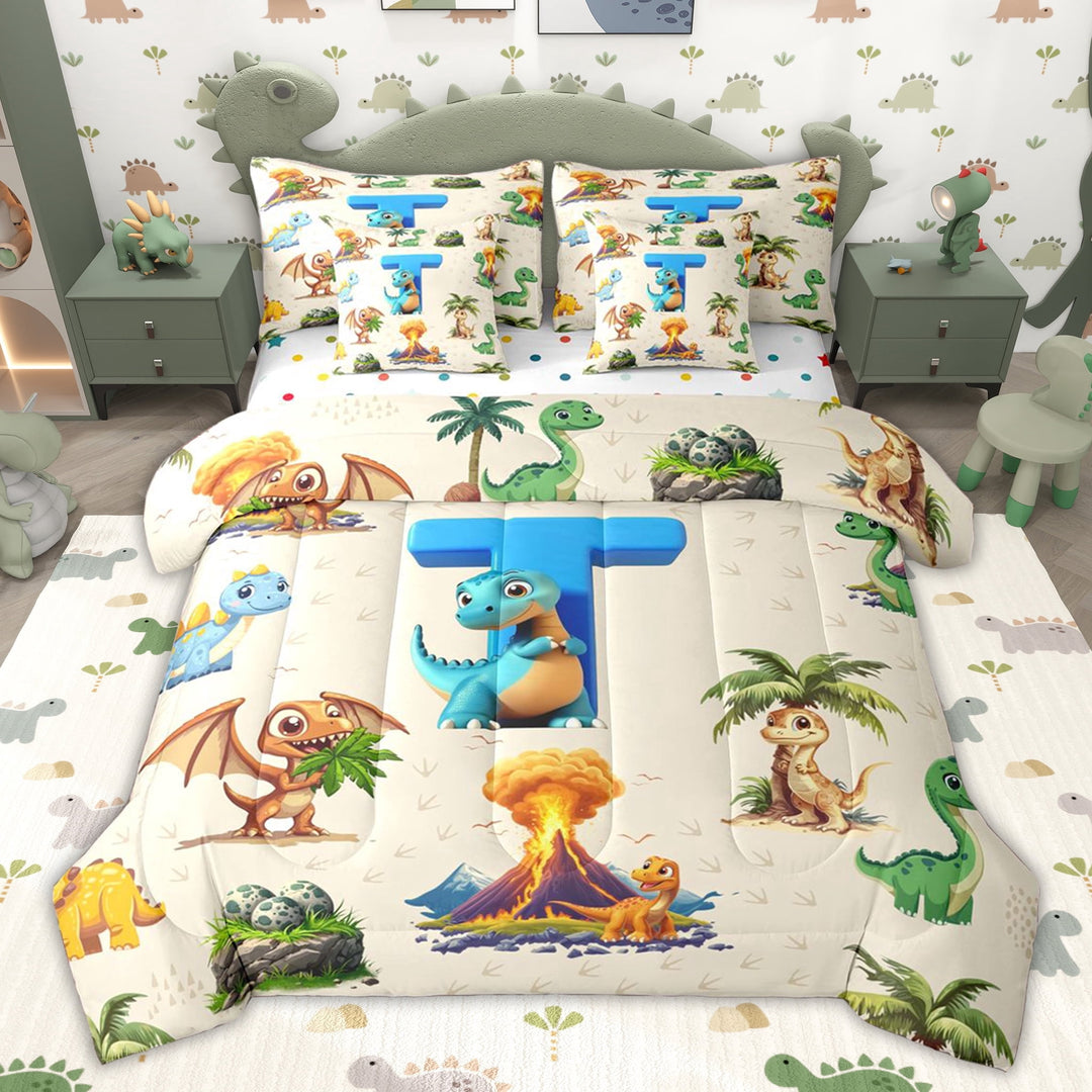 Erosebridal Blue Dinosaur Initial T Twin Bedding Sets for Kids Boys Girls, Jungle Dino Bedding Comforter Set, Polka Dots Reversible, 7pcs