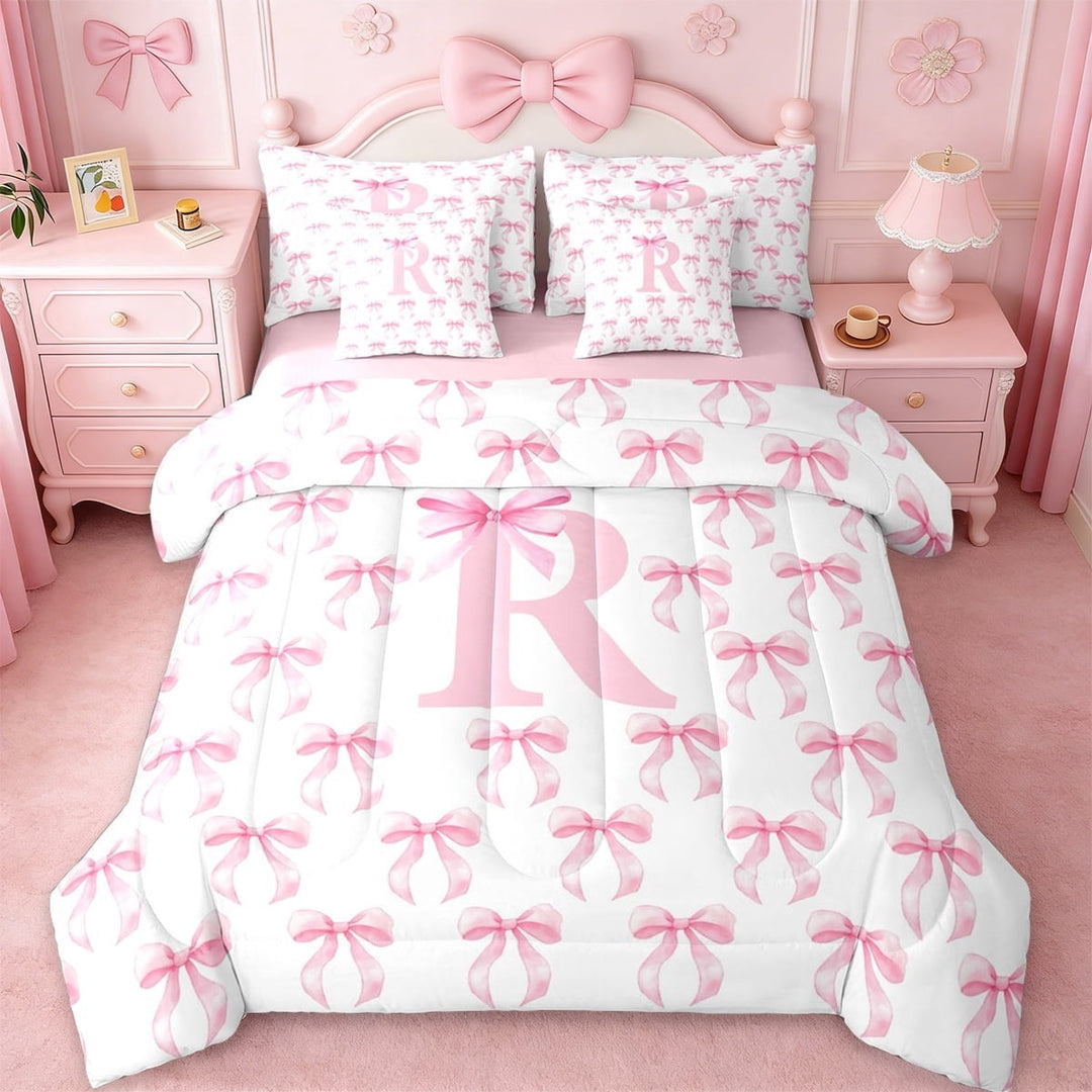 Erosebridal Pink Bowtie 7-Piece Twin Bedding Sets For Girls,Cartoon Letter Alphabet C Kids Bedding Comforter Set,Pink Reversible