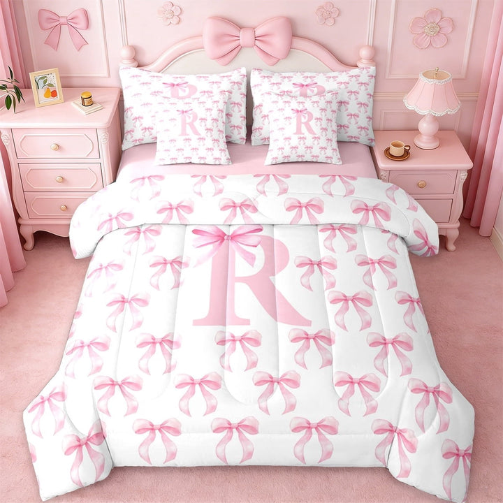 Erosebridal Pink Bowtie 7-Piece Twin Bedding Sets For Girls,Cartoon Letter Alphabet C Kids Bedding Comforter Set,Pink Reversible