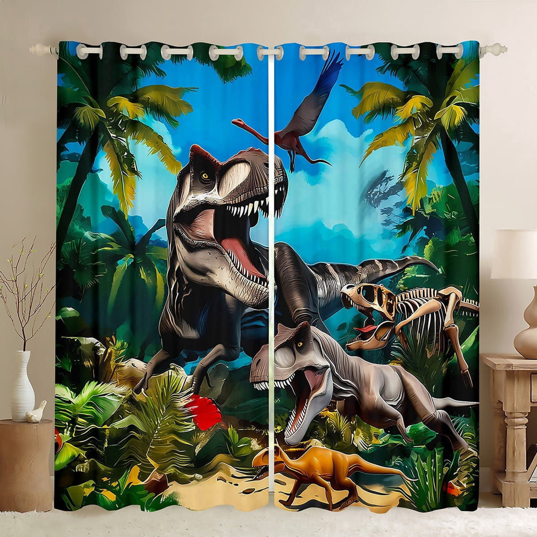 Manfei 3D Cartoon Dino Boy Black Out Curtains, Jungle Tyrannosaurus Rex Curtains Pack of 2 (42x63 Each), Ancient Animal Bedroom Curtains, Luxurious Bedroom Decor